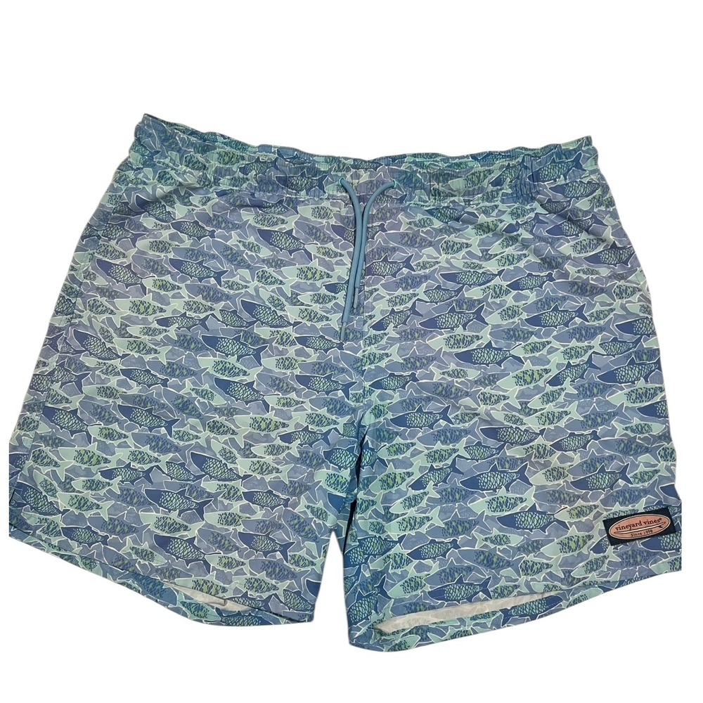 Vineyard Vines Men's Swim Trunks Blue Fish Print Drawstring L‎